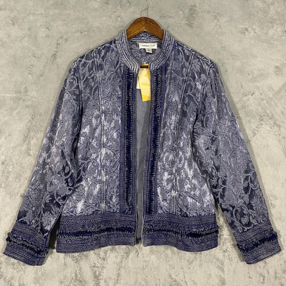 Coldwater Creek Jacket Sz L Blue Floral Jacquard Open Front Textured Regencycore